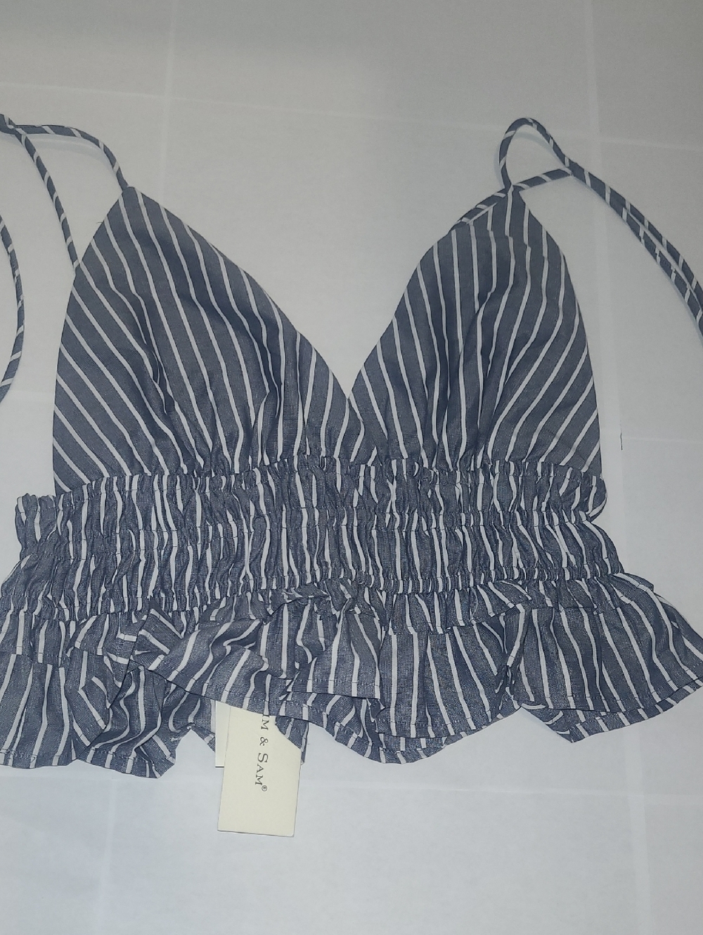 Sim & Sam Striped Smocked Ruffle Crop Top